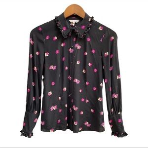 REBECCA TAYLOR Floriana Button Front Long Sleeve Silk Blouse Black Floral 4